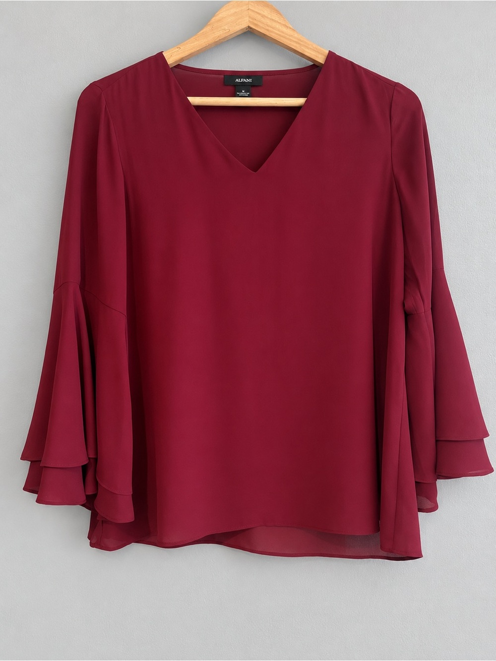 Alfani Women’s Burgundy Tiered Bell Sleeve V Neck Chiffon Blouse Top
